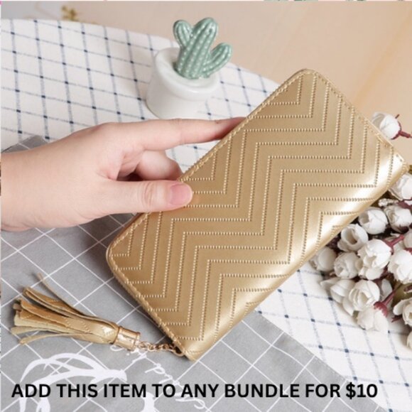 $10 ADD ON ITEM- Gold Chevron Pattern Tassel Wallet Stylish Zippered Clutch - Picture 1 of 10